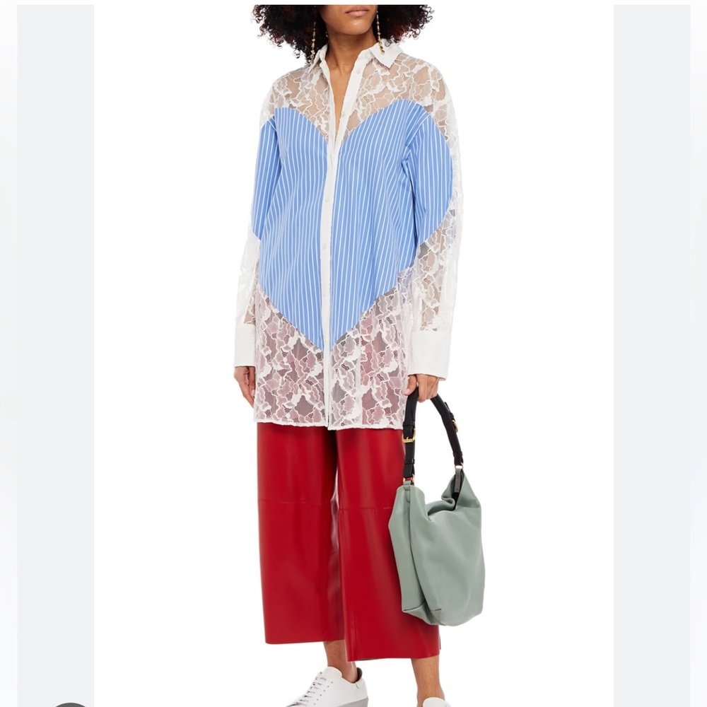 MSGM Blue/White Lace Combo Striped Heart Button-down Top